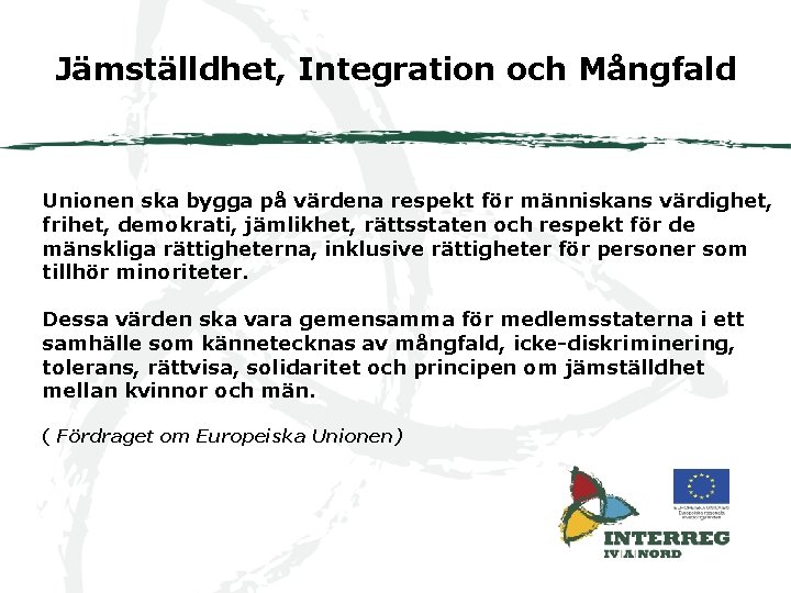 Jämställdhet, Integration och Mångfald Unionen ska bygga på värdena respekt för människans värdighet, frihet,