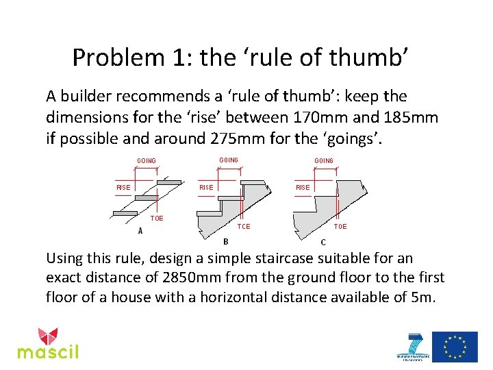 Problem 1: the ‘rule of thumb’ A builder recommends a ‘rule of thumb’: keep