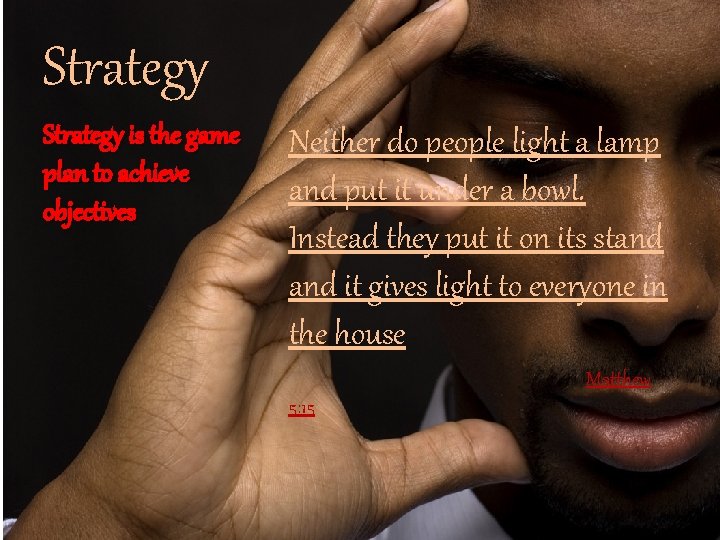 Strategy is the game plan to achieve objectives Neither do people light a lamp