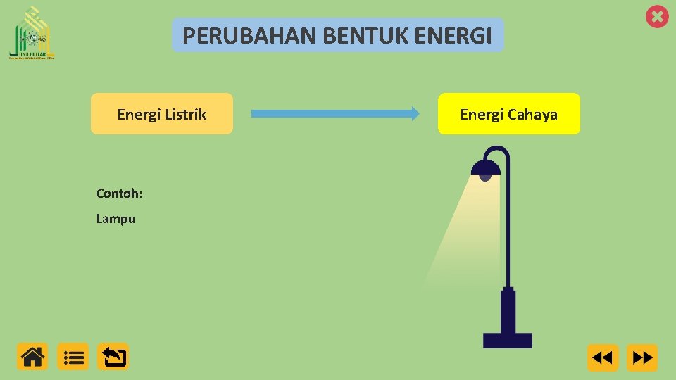 PERUBAHAN BENTUK ENERGI Energi Listrik Contoh: Lampu Energi Cahaya 