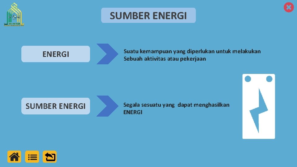 SUMBER ENERGI Suatu kemampuan yang diperlukan untuk melakukan Sebuah aktivitas atau pekerjaan Segala sesuatu