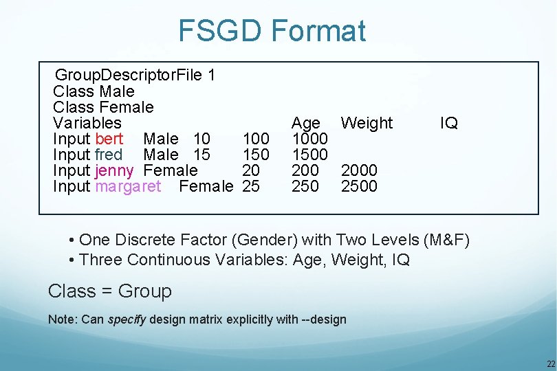 FSGD Format Group. Descriptor. File 1 Class Male Class Female Variables Input bert Male
