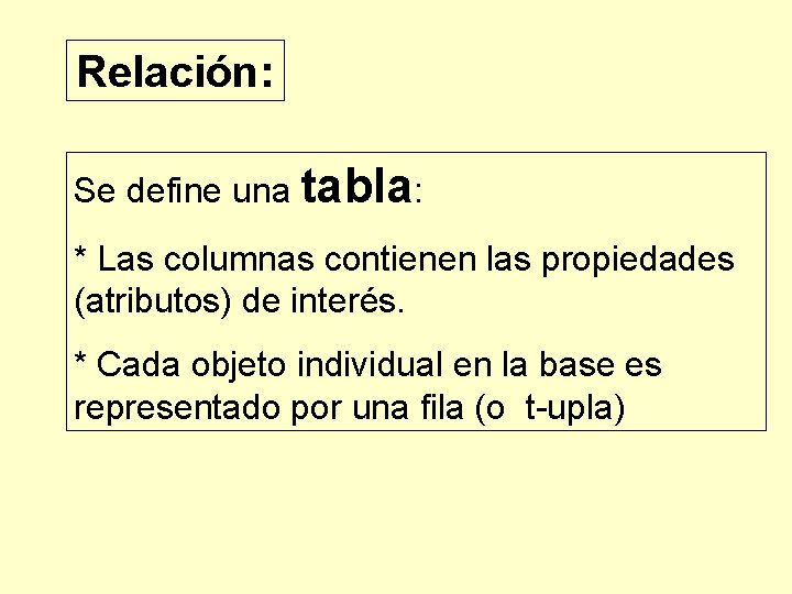 Relación: Se define una tabla: * Las columnas contienen las propiedades (atributos) de interés.