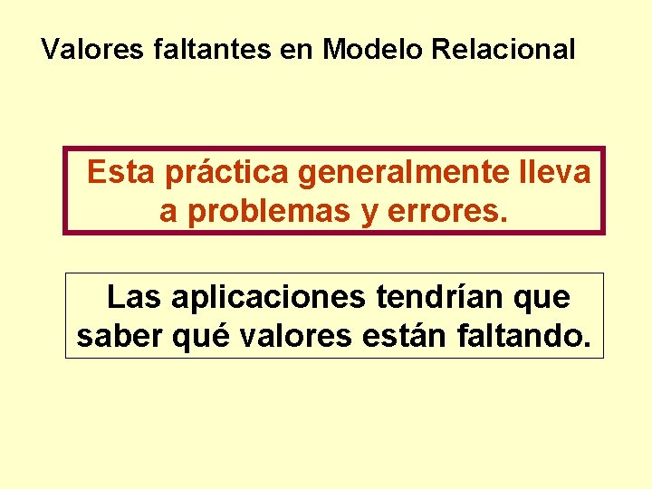 Valores faltantes en Modelo Relacional Esta práctica generalmente lleva a problemas y errores. Las