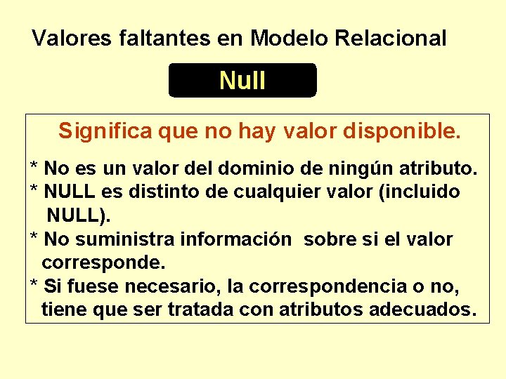 Valores faltantes en Modelo Relacional Null Significa que no hay valor disponible. * No