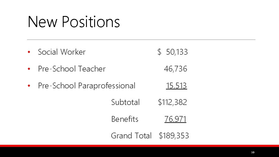 New Positions • Social Worker $ 50, 133 • Pre-School Teacher 46, 736 •