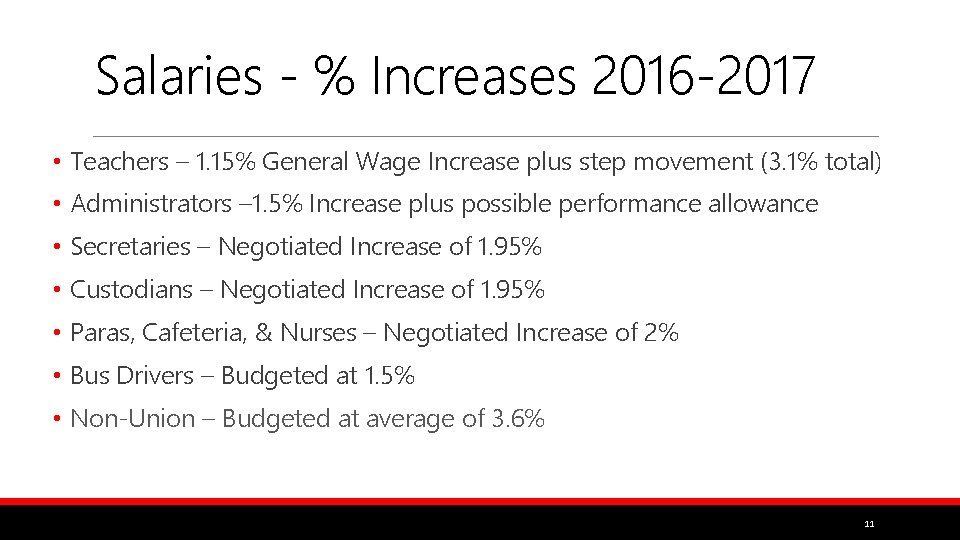 Salaries - % Increases 2016 -2017 • Teachers – 1. 15% General Wage Increase