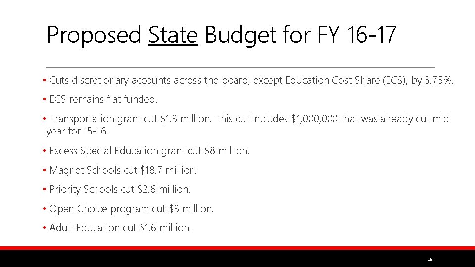 Proposed State Budget for FY 16 -17 • Cuts discretionary accounts across the board,