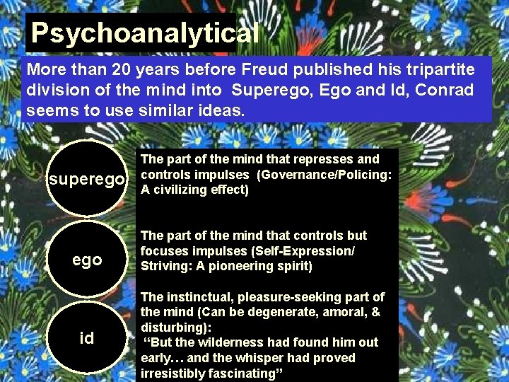 Psychoanalytical More than 20 years before Freud published his tripartite division of the mind