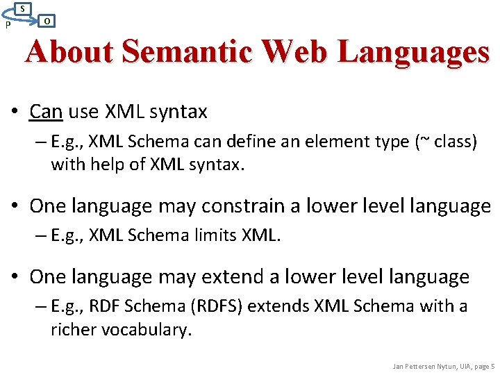S P O About Semantic Web Languages • Can use XML syntax – E.