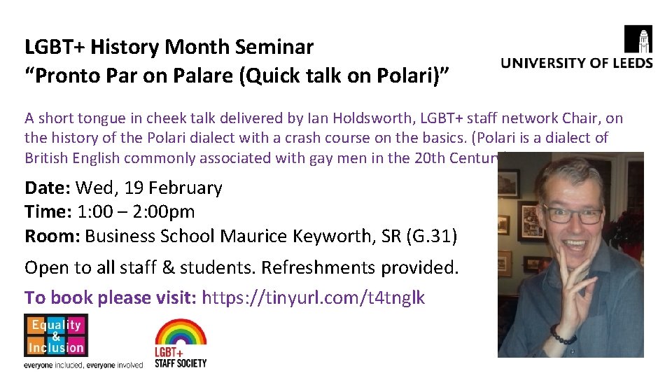 LGBT+ History Month Seminar “Pronto Par on Palare (Quick talk on Polari)” A short