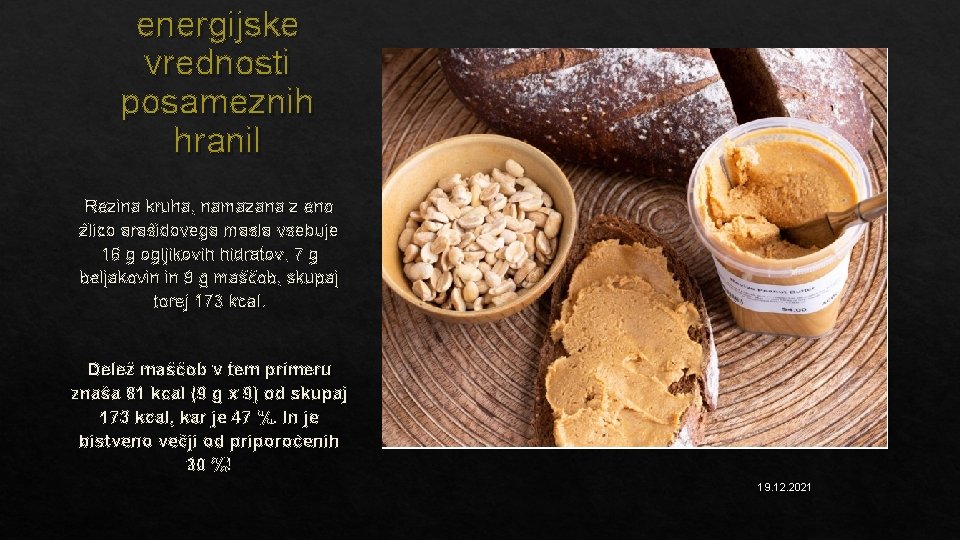 energijske vrednosti posameznih hranil Rezina kruha, namazana z eno žlico arašidovega masla vsebuje 16