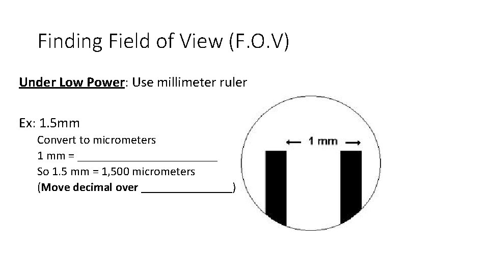 Finding Field of View (F. O. V) Under Low Power: Use millimeter ruler Ex: