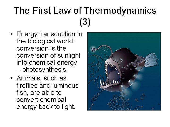 The First Law of Thermodynamics (3) • Energy transduction in the biological world: conversion