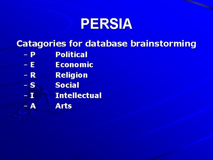 PERSIA Catagories for database brainstorming –P –E –R –S –I –A Political Economic Religion