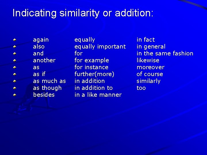 Indicating similarity or addition: again also and another as as if as much as