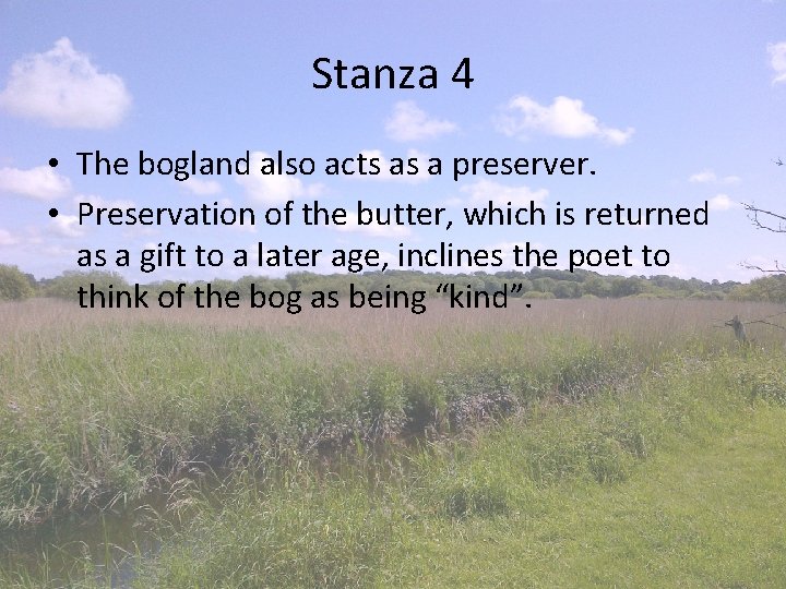 Stanza 4 • The bogland also acts as a preserver. • Preservation of the