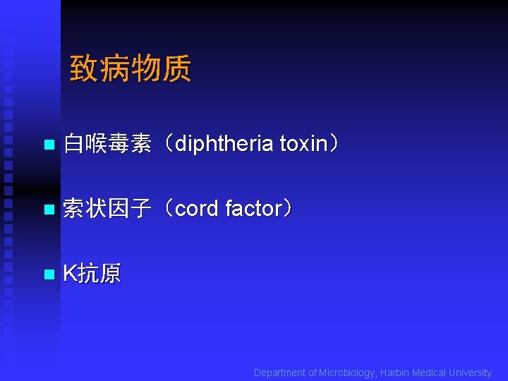 致病物质 n 白喉毒素（diphtheria toxin） n 索状因子（cord factor） n K抗原 Department of Microbiology, Harbin Medical