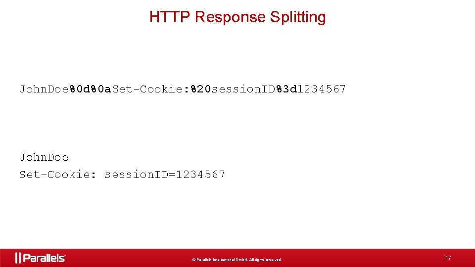 HTTP Response Splitting John. Doe%0 d%0 a. Set-Cookie: %20 session. ID%3 d 1234567 John.