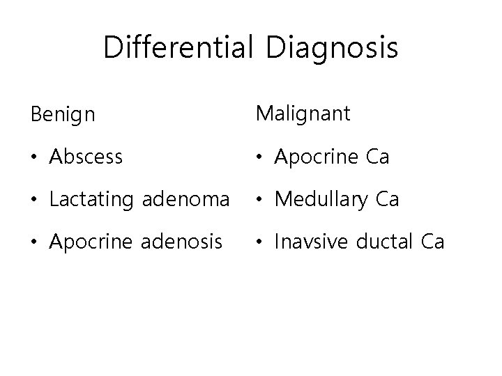 Differential Diagnosis Benign Malignant • Abscess • Apocrine Ca • Lactating adenoma • Medullary