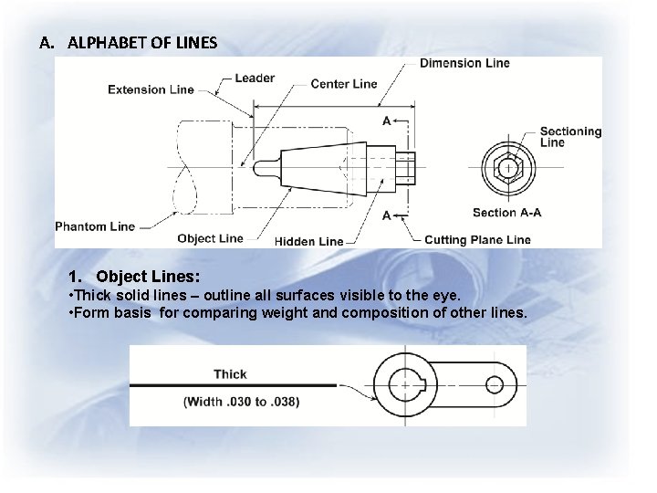 A. ALPHABET OF LINES 1. Object Lines: • Thick solid lines – outline all