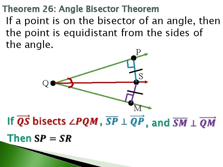 Theorem 26: Angle Bisector Theorem If a point is on the bisector of an