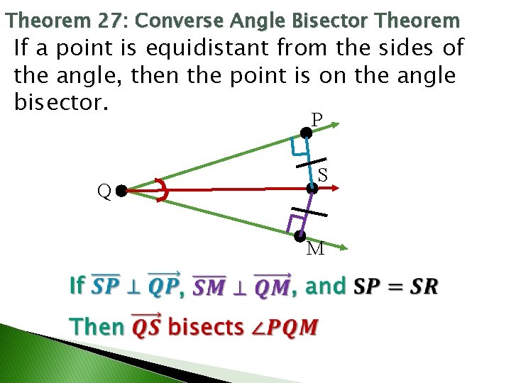 Theorem 27: Converse Angle Bisector Theorem If a point is equidistant from the sides