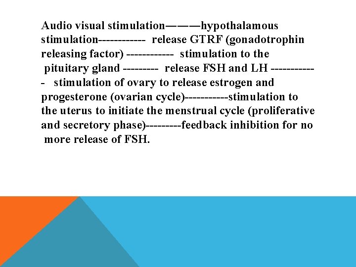 Audio visual stimulation―――hypothalamous stimulation------ release GTRF (gonadotrophin releasing factor) ------ stimulation to the pituitary