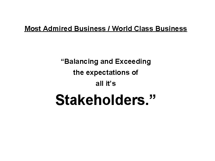 Most Admired Business / World Class Business “Balancing and Exceeding the expectations of all