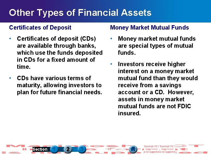 Other Types of Financial Assets Certificates of Deposit Money Market Mutual Funds • Certificates