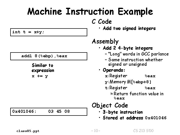 Machine Instruction Example C Code • Add two signed integers int t = x+y;