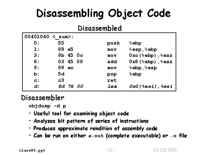Disassembling Object Code Disassembled 00401040 <_sum>: 0: 55 1: 89 e 5 3: 8