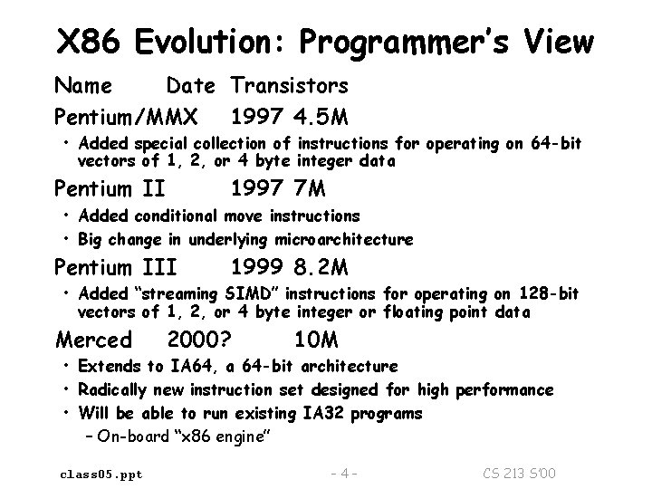 X 86 Evolution: Programmer’s View Name Date Transistors Pentium/MMX 1997 4. 5 M •