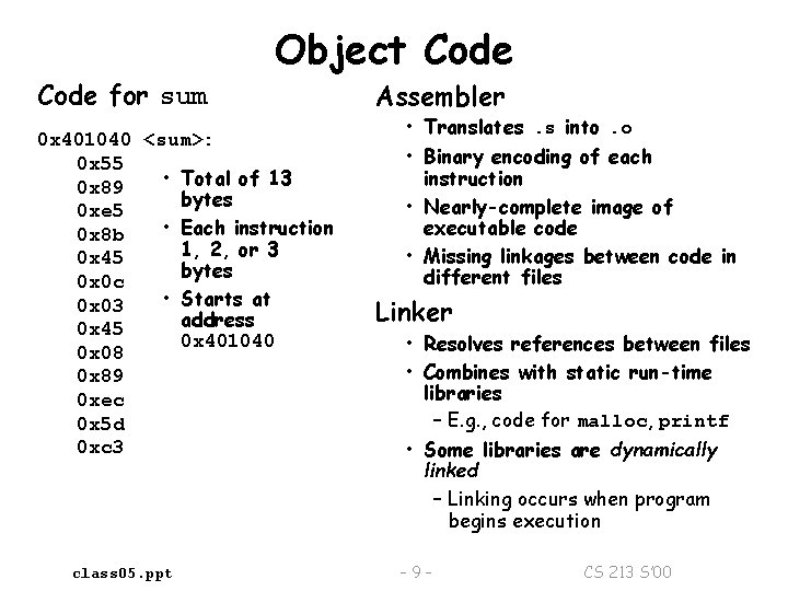 Code for sum Object Code 0 x 401040 <sum>: 0 x 55 • Total