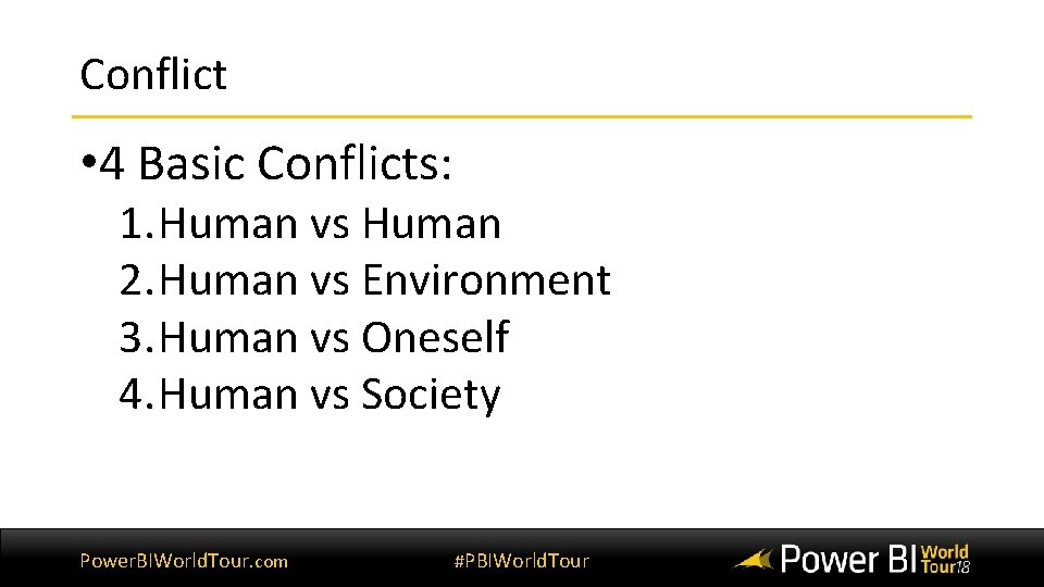 Conflict • 4 Basic Conflicts: 1. Human vs Human 2. Human vs Environment 3.