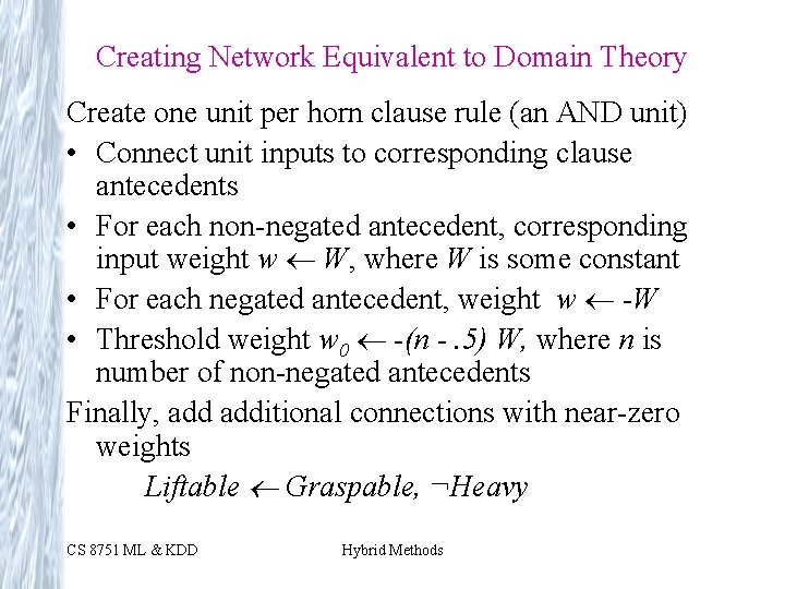 Creating Network Equivalent to Domain Theory Create one unit per horn clause rule (an