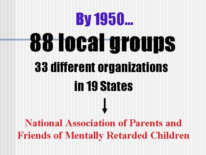 By 1950… 88 local groups 33 different organizations in 19 States National Association of