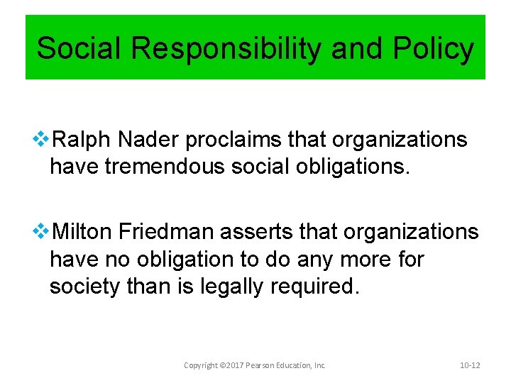 Social Responsibility and Policy v. Ralph Nader proclaims that organizations have tremendous social obligations.