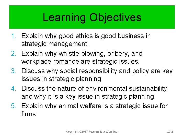 Learning Objectives 1. Explain why good ethics is good business in strategic management. 2.