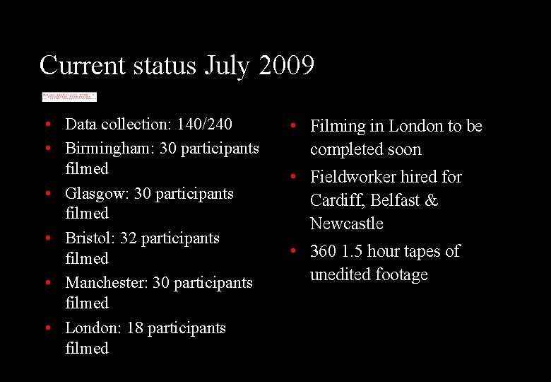 Current status July 2009 • Data collection: 140/240 • Birmingham: 30 participants filmed •