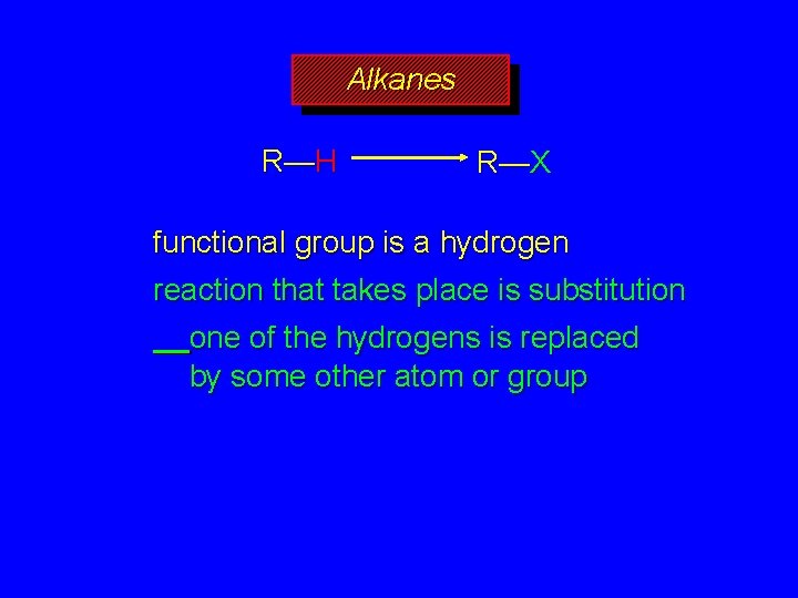 Alkanes R—H R—X functional group is a hydrogen reaction that takes place is substitution