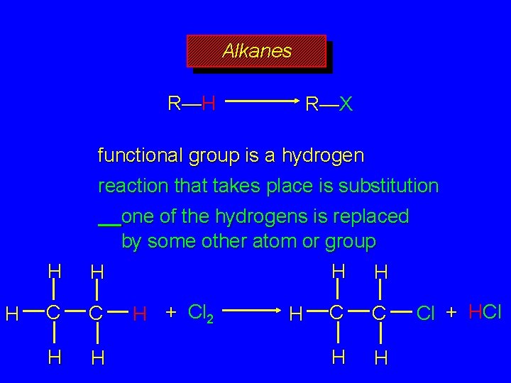 Alkanes R—H R—X functional group is a hydrogen reaction that takes place is substitution