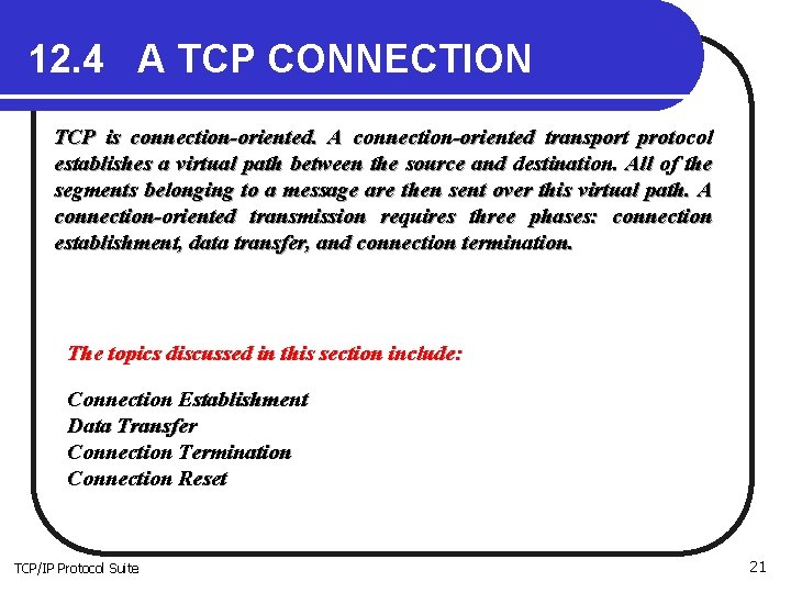12. 4 A TCP CONNECTION TCP is connection-oriented. A connection-oriented transport protocol establishes a