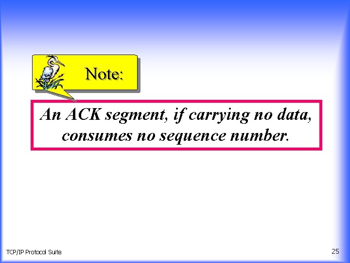 Note: An ACK segment, if carrying no data, consumes no sequence number. TCP/IP Protocol