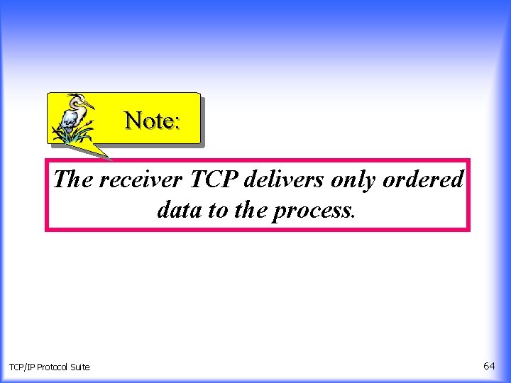 Note: The receiver TCP delivers only ordered data to the process. TCP/IP Protocol Suite