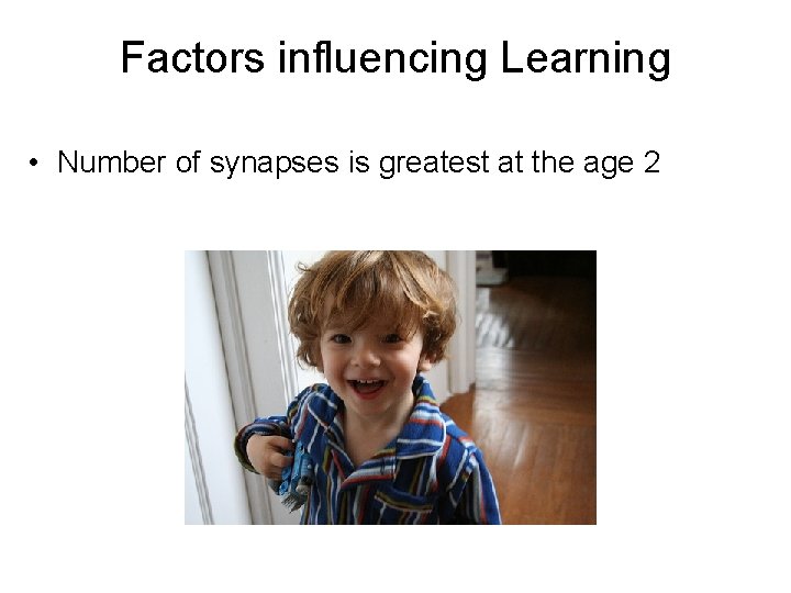Factors influencing Learning • Number of synapses is greatest at the age 2 