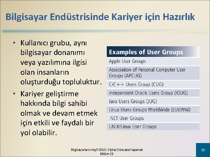 Bilgisayar Endüstrisinde Kariyer için Hazırlık • Kullanıcı grubu, aynı bilgisayar donanımı veya yazılımına ilgisi