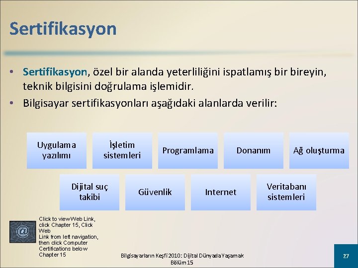 Sertifikasyon • Sertifikasyon, özel bir alanda yeterliliğini ispatlamış bireyin, teknik bilgisini doğrulama işlemidir. •