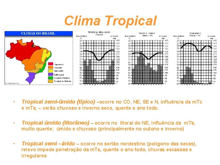 Clima Tropical • Tropical semi-úmido (típico) –ocorre no CO, NE, SE e N, influência