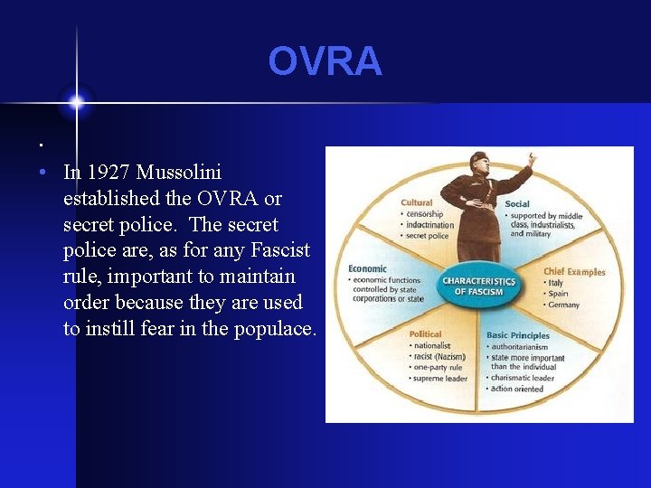 OVRA. • In 1927 Mussolini established the OVRA or secret police. The secret police